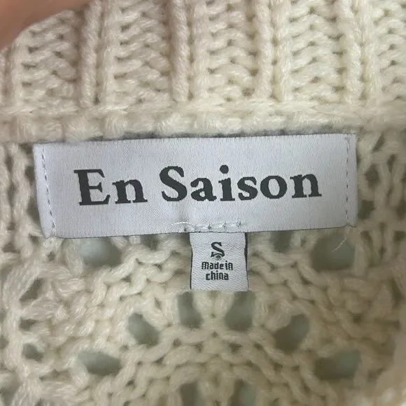 En Saison Anthropologie Dee Ruffled Sweater Cream Balloon Sleeve Pointelle S EUC - Picture 12 of 14